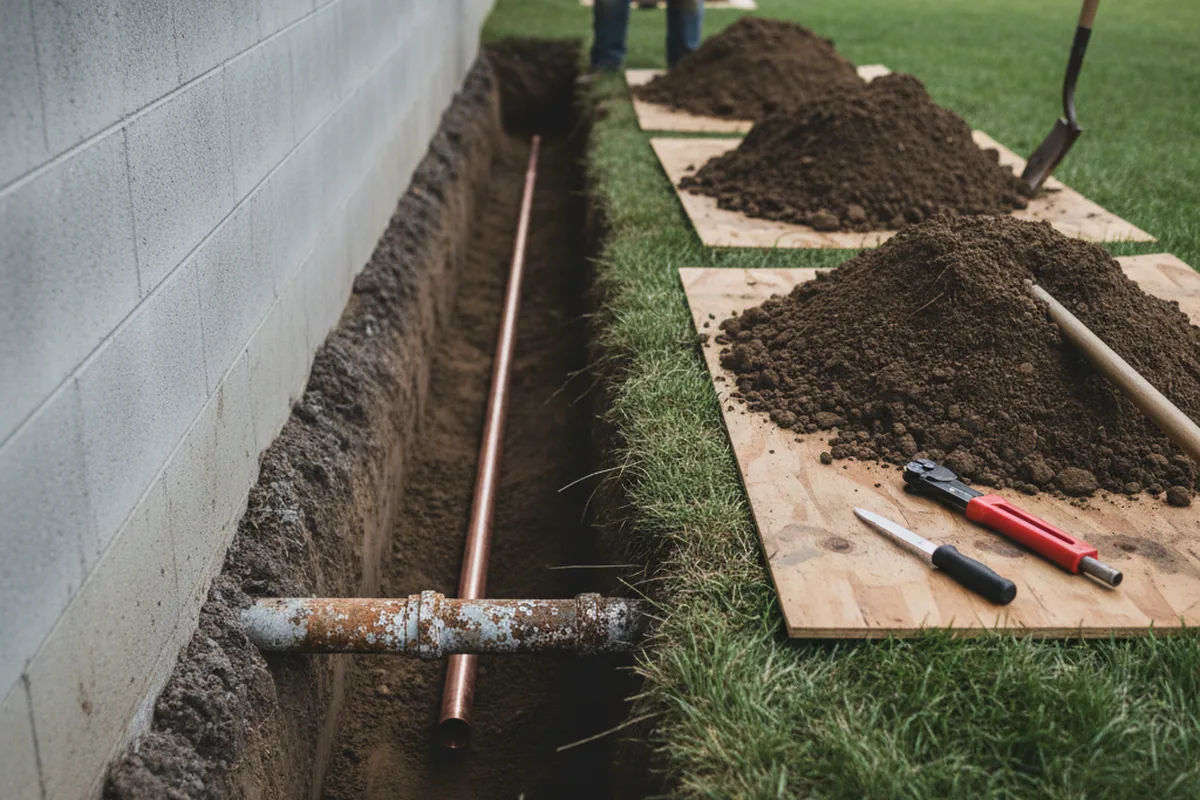 Excavated water line trench during Water Softener Installation in Orem